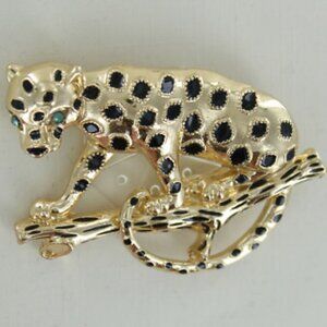 NAPIER Cheetah on a Tree Branch Gold Black Enamel Green Crystal Brooch Pin**NEW!